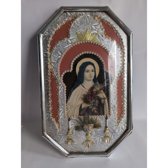 Antique Convex Glass Wall Picture St. Therese Of Lisieux 30's Mary Icon MCM - Picture 3 of 9